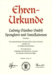 Ehrenurkunde zum 120-jährigen Firmenjubiläum