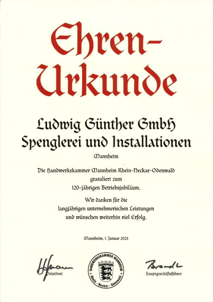 Ehrenurkunde zum 120-jährigen Firmenjubiläum